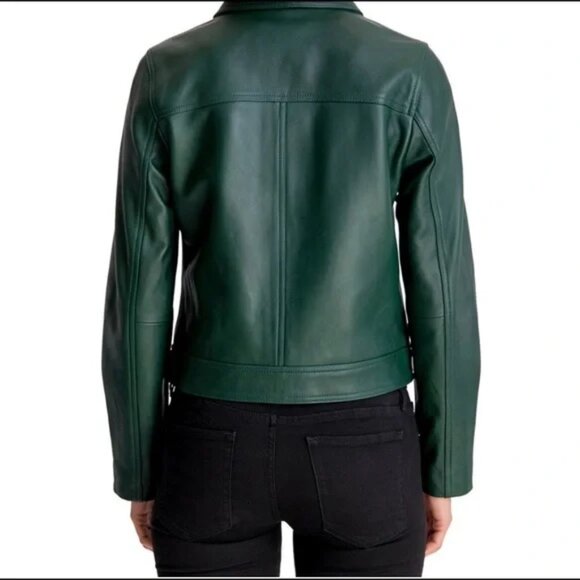 [NEW] Michael Kors Green Heavy Genuine Leather Moto Jacket- Size M - Picture 2 of 5
